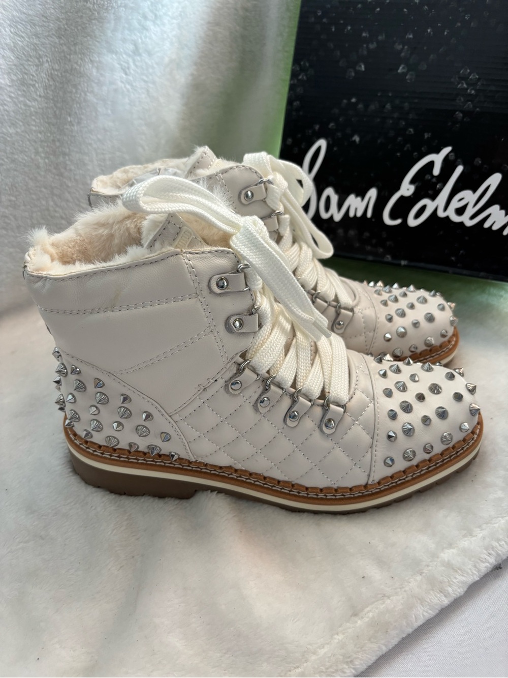 Sam Edelman Bren Spiked Combat Boots White Leather Size 7M
